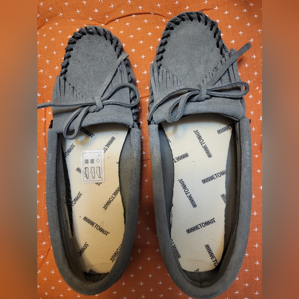 Gray Minnetonka moccasins